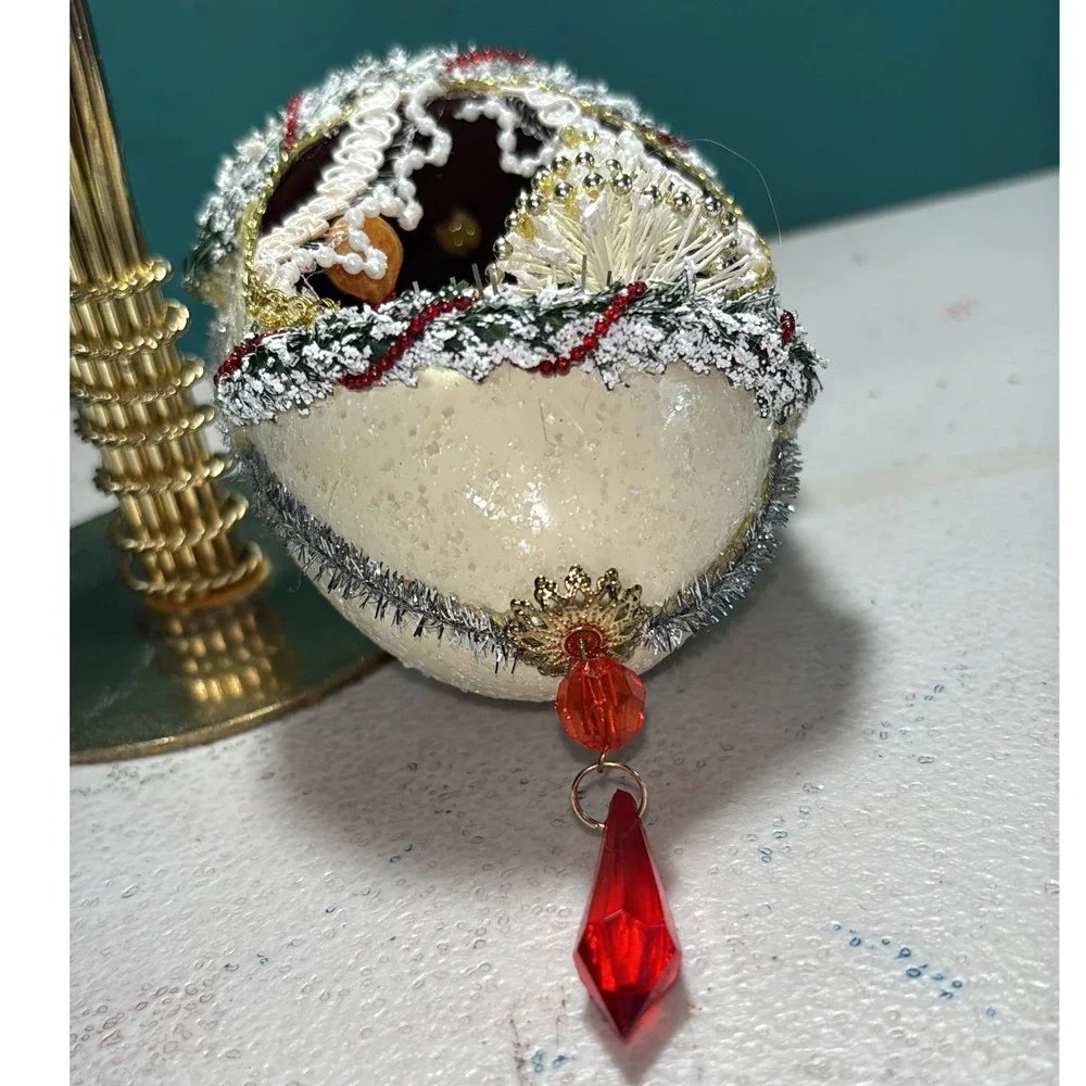 Vintage‎ Diorama Egg Ornament White Red Girl with Christmas Tree
